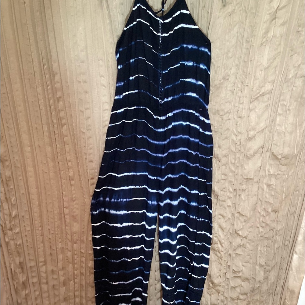 RAGA Anthropology Black, Navy & White Tie-Dye Jumpsuit, halter,elastic back, Med